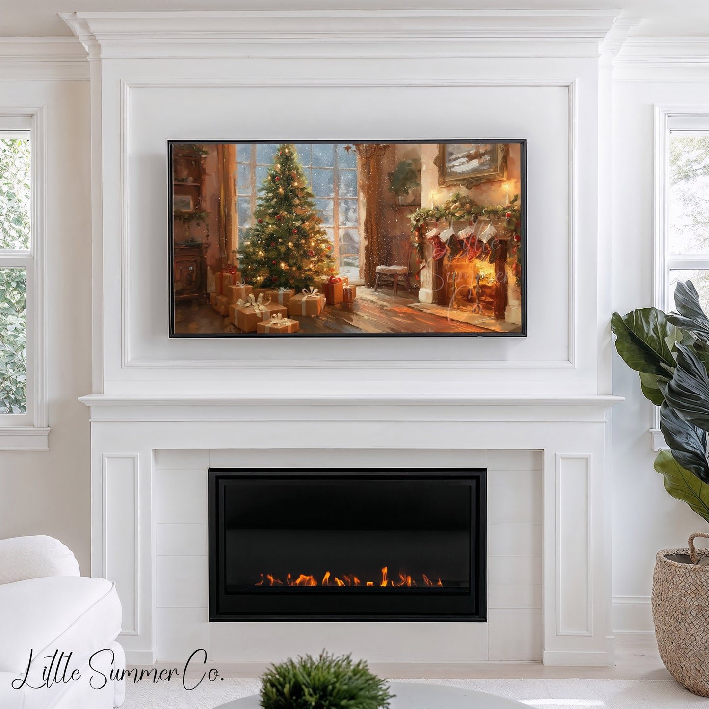 Christmas Tree by the Fireplace Frame TV Art displayed on a TV