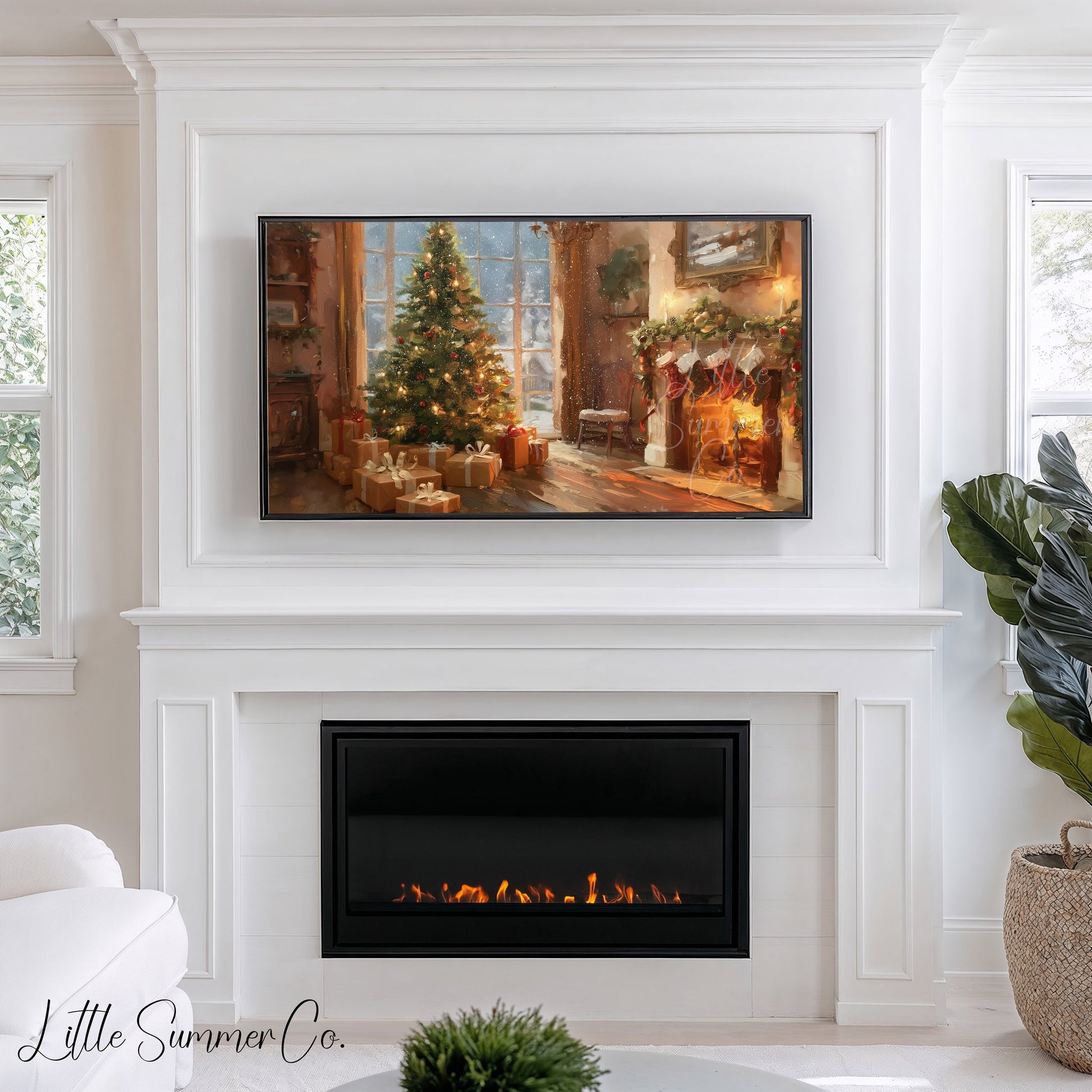 Christmas Tree by the Fireplace Frame TV Art displayed on a TV