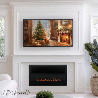 Christmas Tree by the Fireplace Frame TV Art displayed on a TV