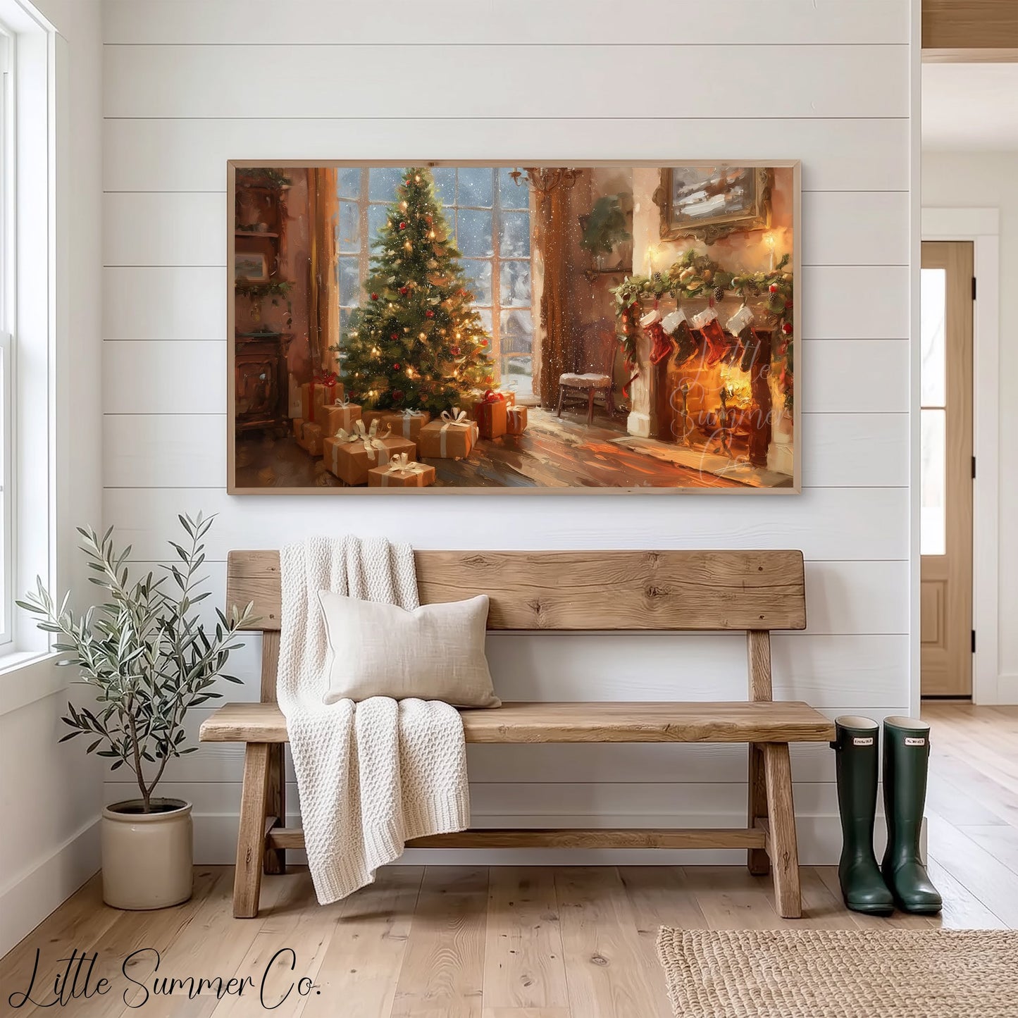 Christmas Tree by the Fireplace Frame TV Art displayed on a TV