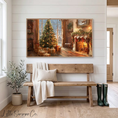 Christmas Tree by the Fireplace Frame TV Art displayed on a TV