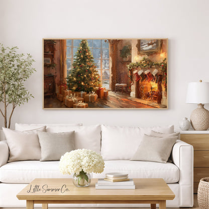 Christmas Tree by the Fireplace Frame TV Art displayed on a TV