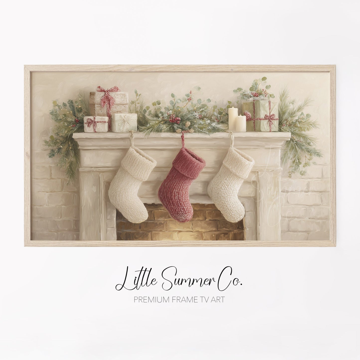 Christmas Mantel with Stockings Frame TV Art displayed on a TV