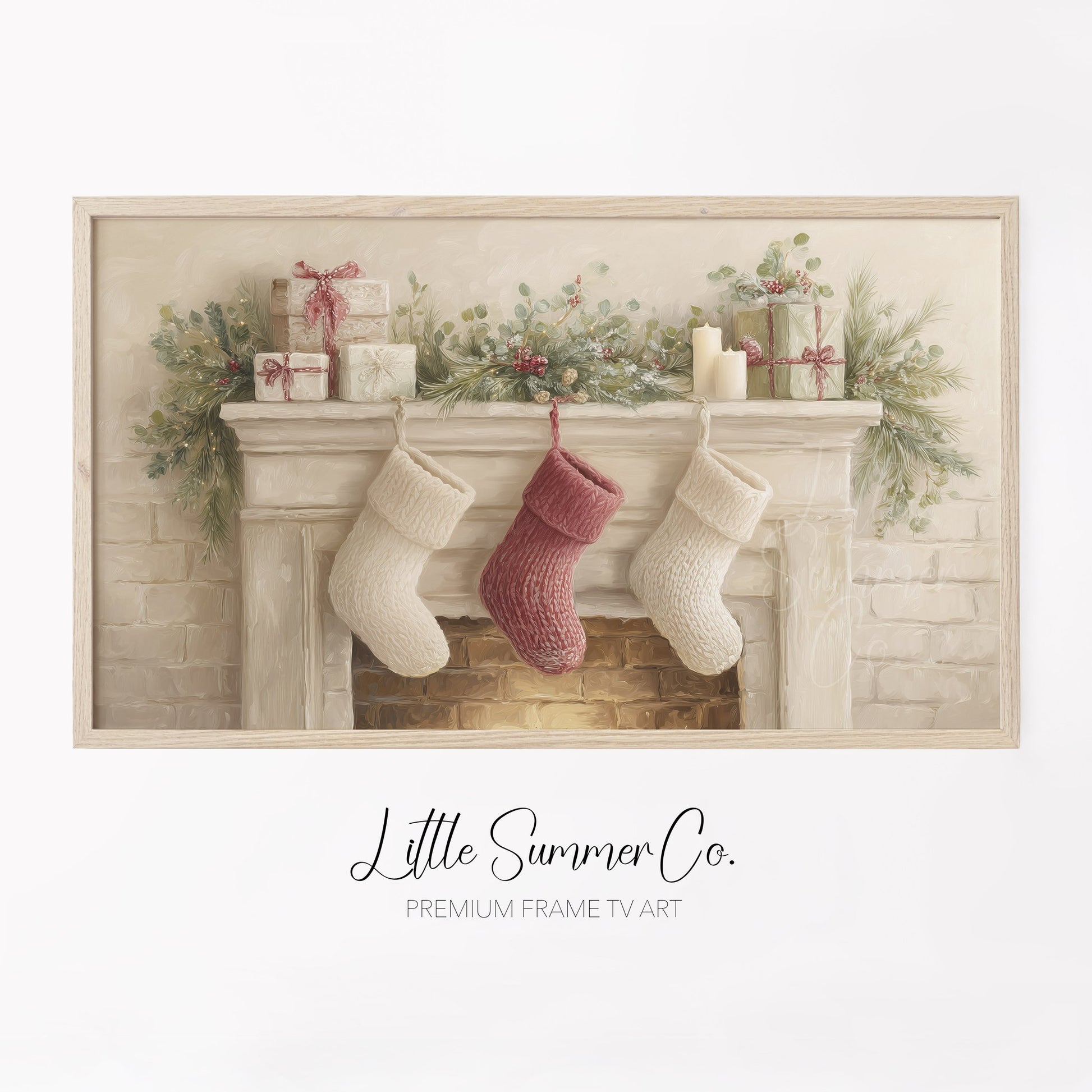 Christmas Mantel with Stockings Frame TV Art displayed on a TV
