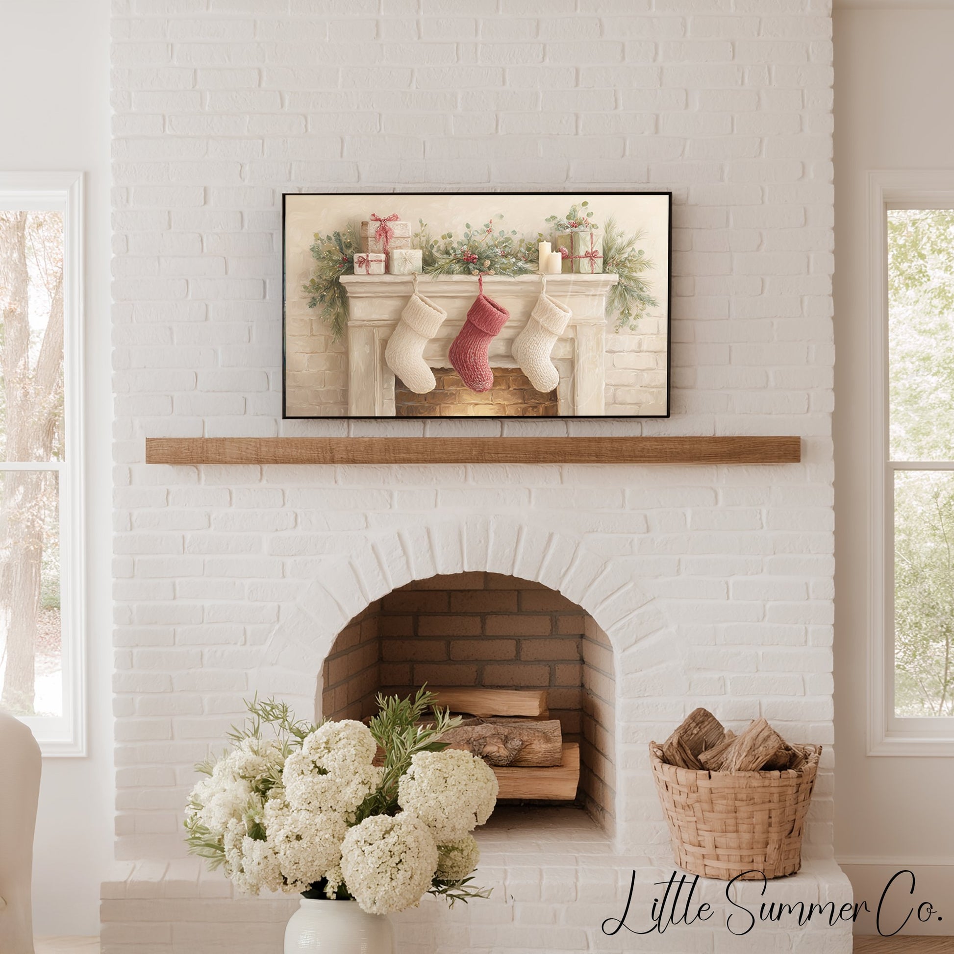 Christmas Mantel with Stockings Frame TV Art displayed on a TV