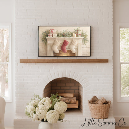Christmas Mantel with Stockings Frame TV Art displayed on a TV