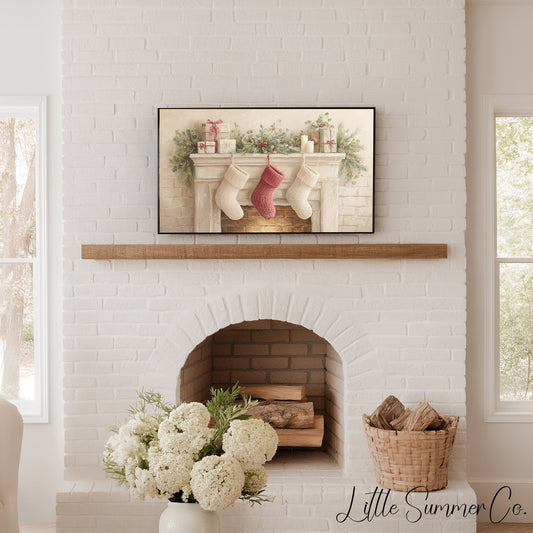 Christmas Mantel with Stockings Frame TV Art displayed on a TV