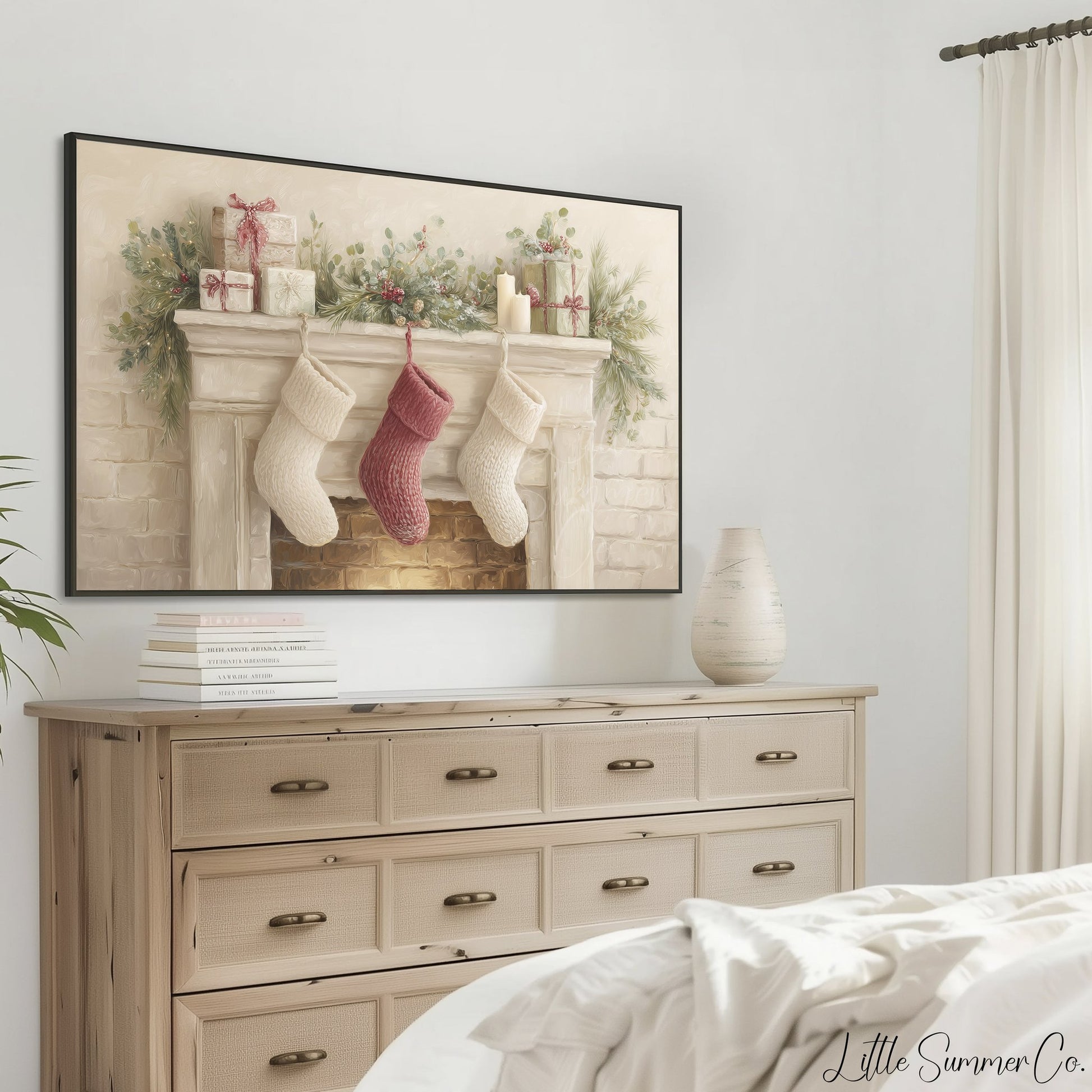 Christmas Mantel with Stockings Frame TV Art displayed on a TV