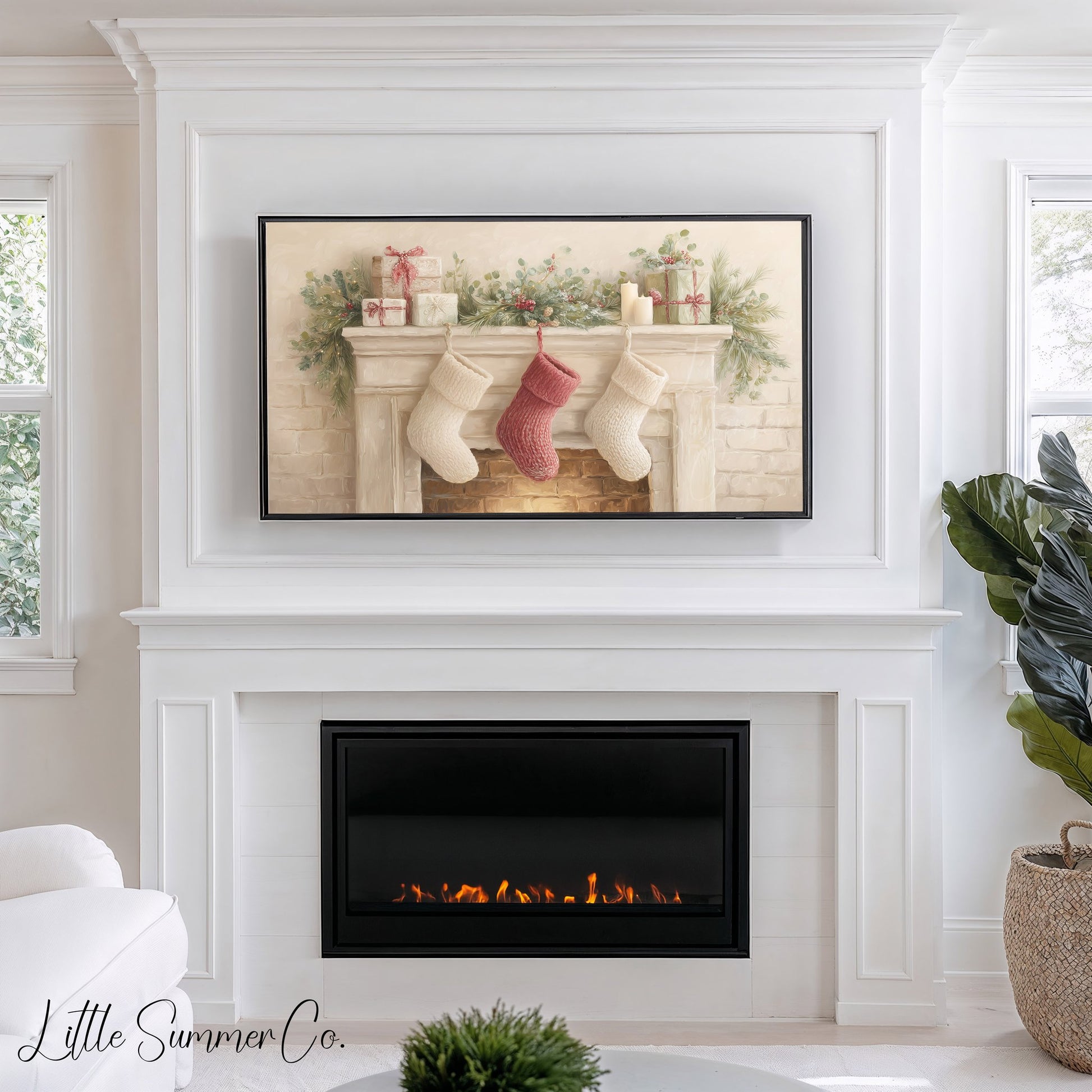 Christmas Mantel with Stockings Frame TV Art displayed on a TV