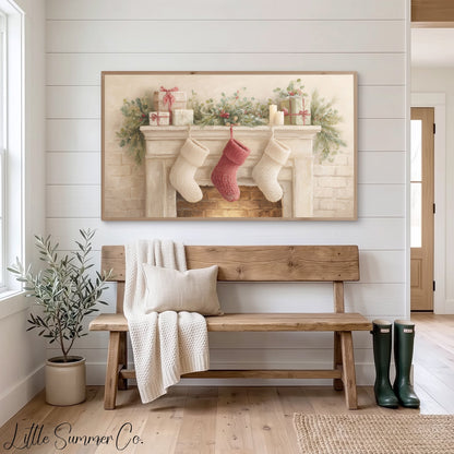 Christmas Mantel with Stockings Frame TV Art displayed on a TV