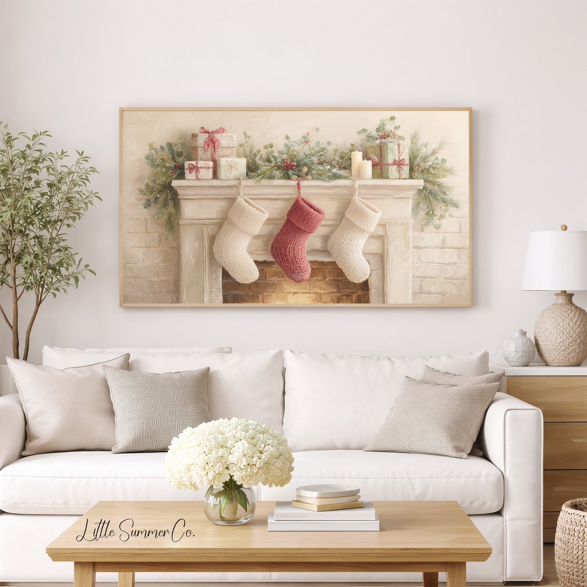 Christmas Mantel with Stockings Frame TV Art displayed on a TV