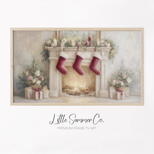 Christmas Fireplace with Stockings Frame TV Art displayed on a TV