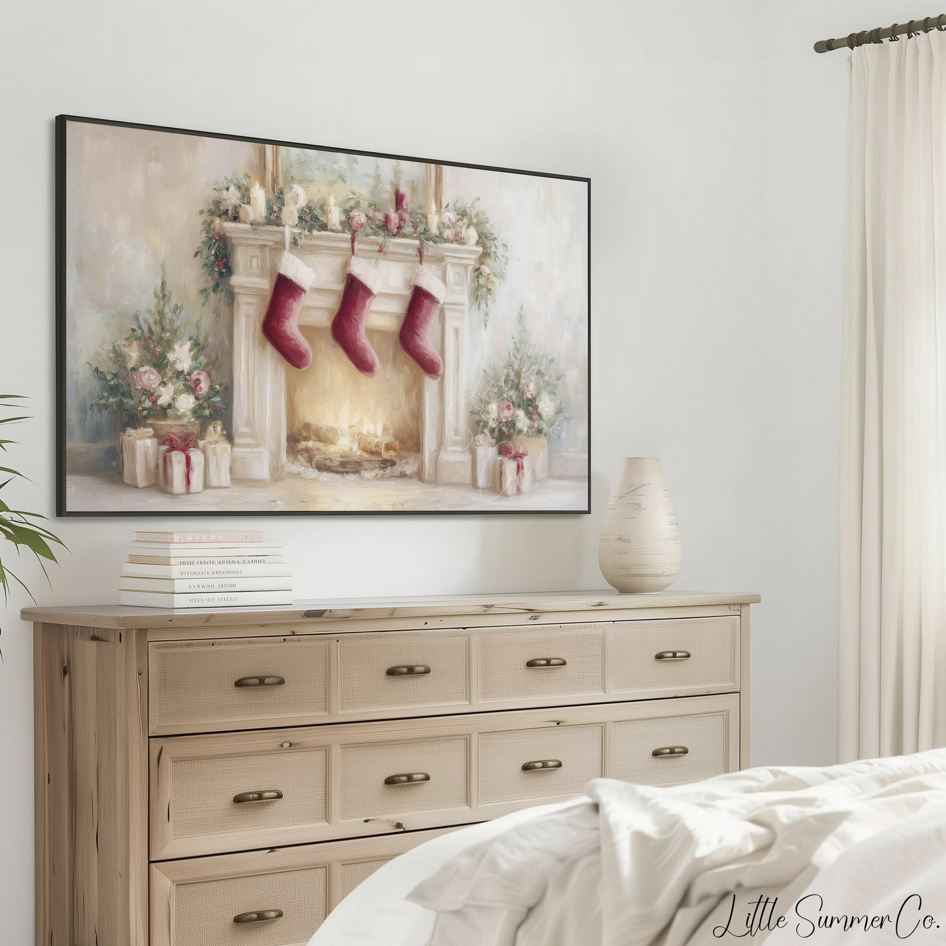 Christmas Fireplace with Stockings Frame TV Art displayed on a TV