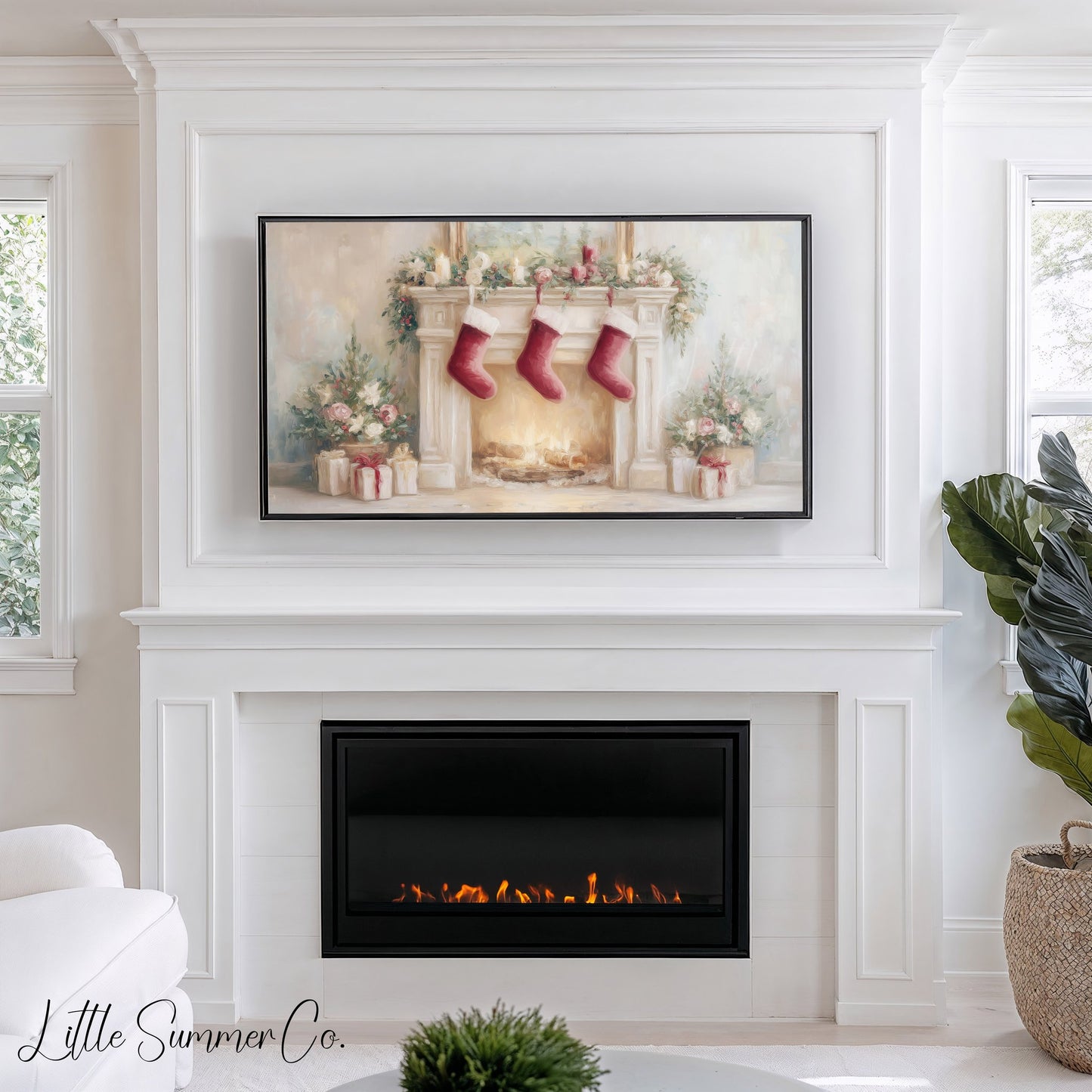 Christmas Fireplace with Stockings Frame TV Art displayed on a TV