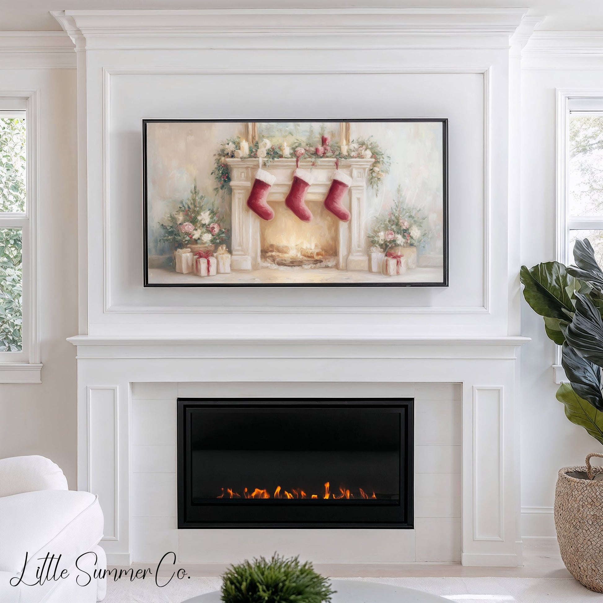 Christmas Fireplace with Stockings Frame TV Art displayed on a TV