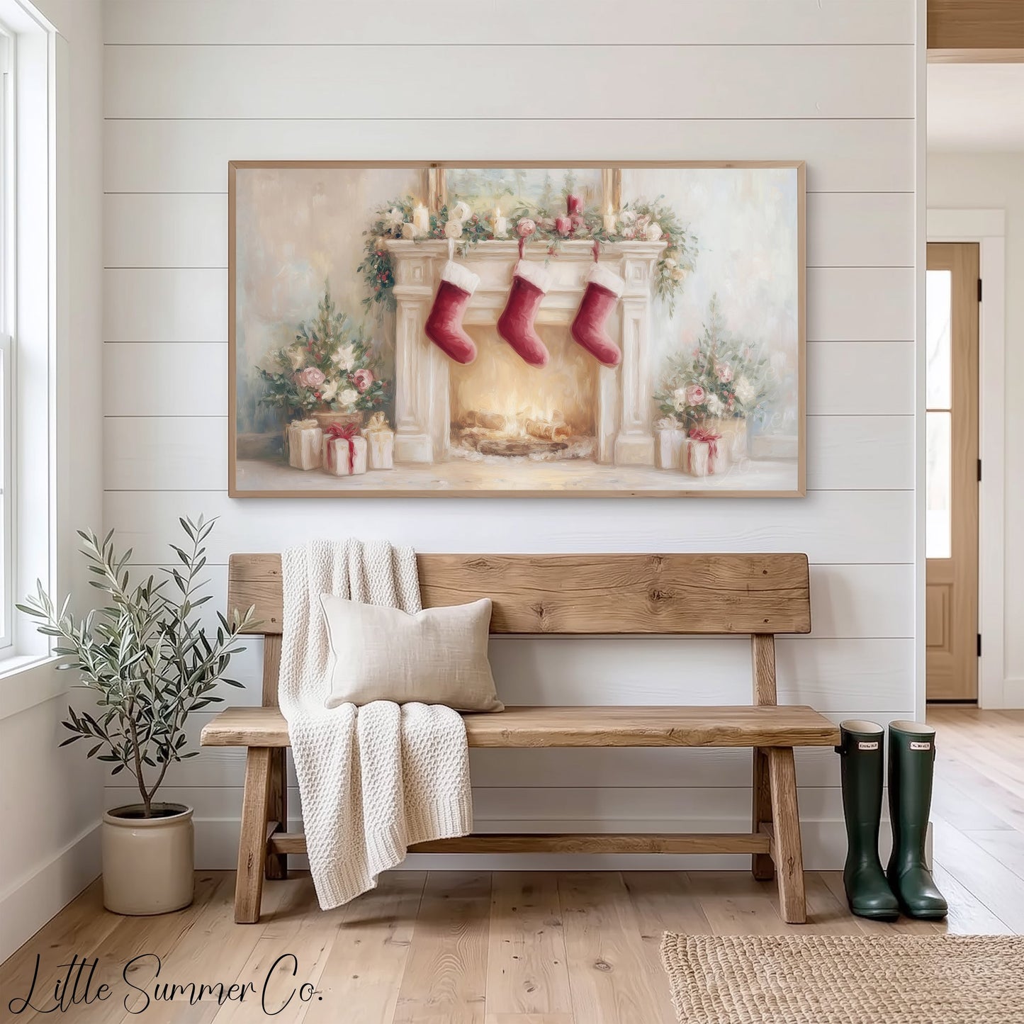 Christmas Fireplace with Stockings Frame TV Art displayed on a TV
