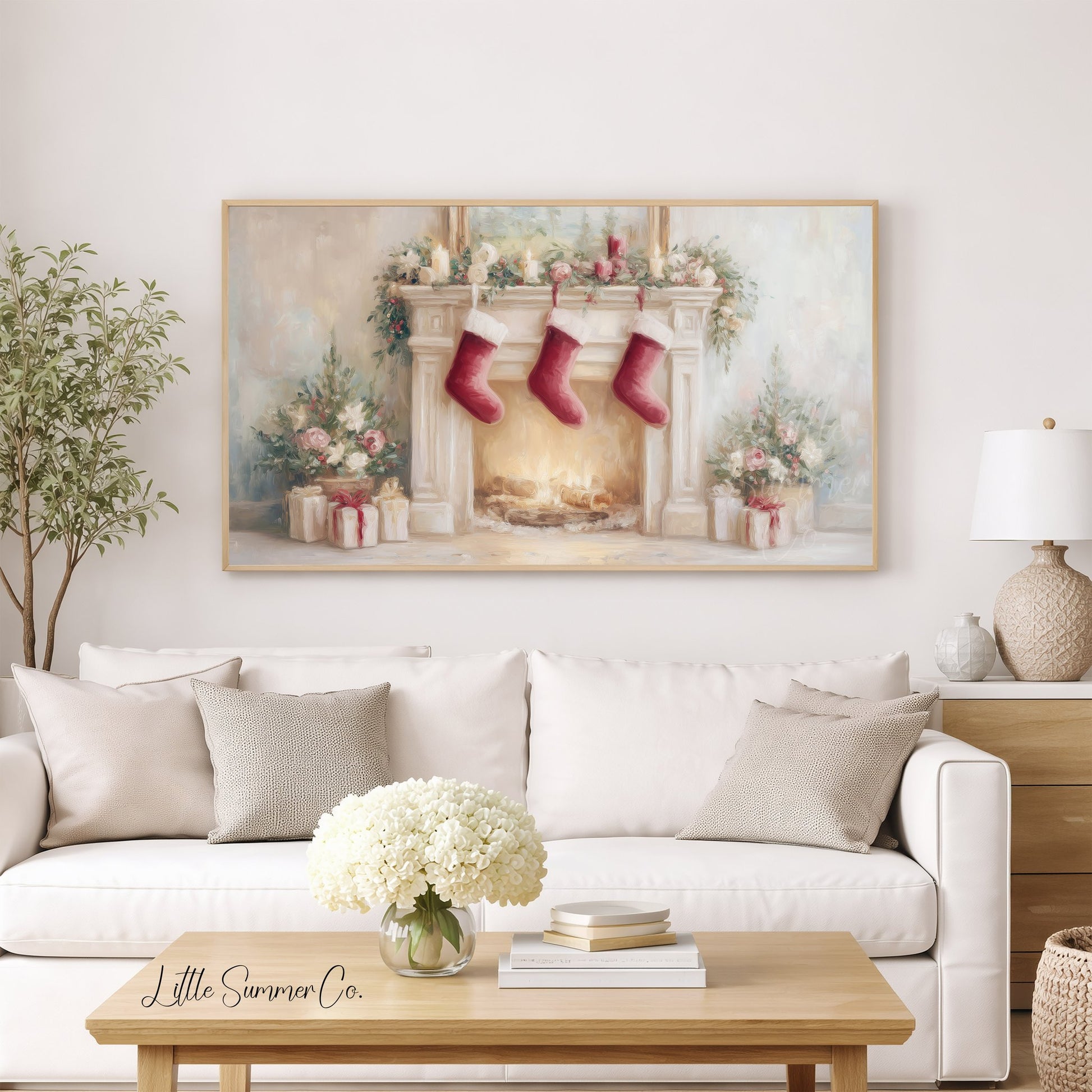 Christmas Fireplace with Stockings Frame TV Art displayed on a TV