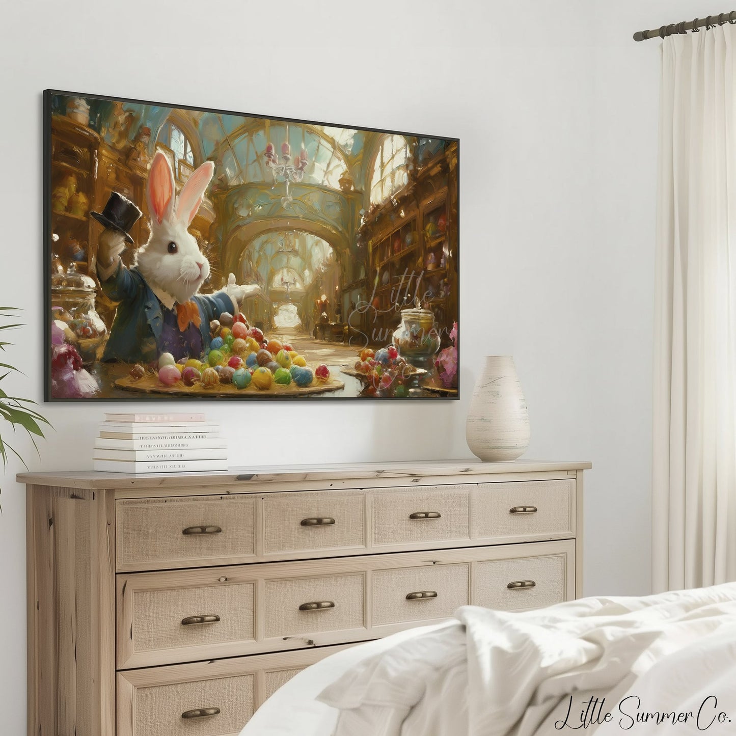 Easter Bunny Candy Shop Frame TV Art displayed on a TV