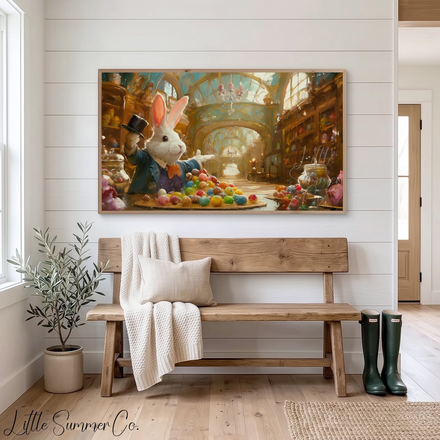 Easter Bunny Candy Shop Frame TV Art displayed on a TV