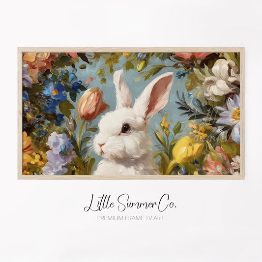 White Bunny Among Spring Flowers Frame TV Art displayed on a TV
