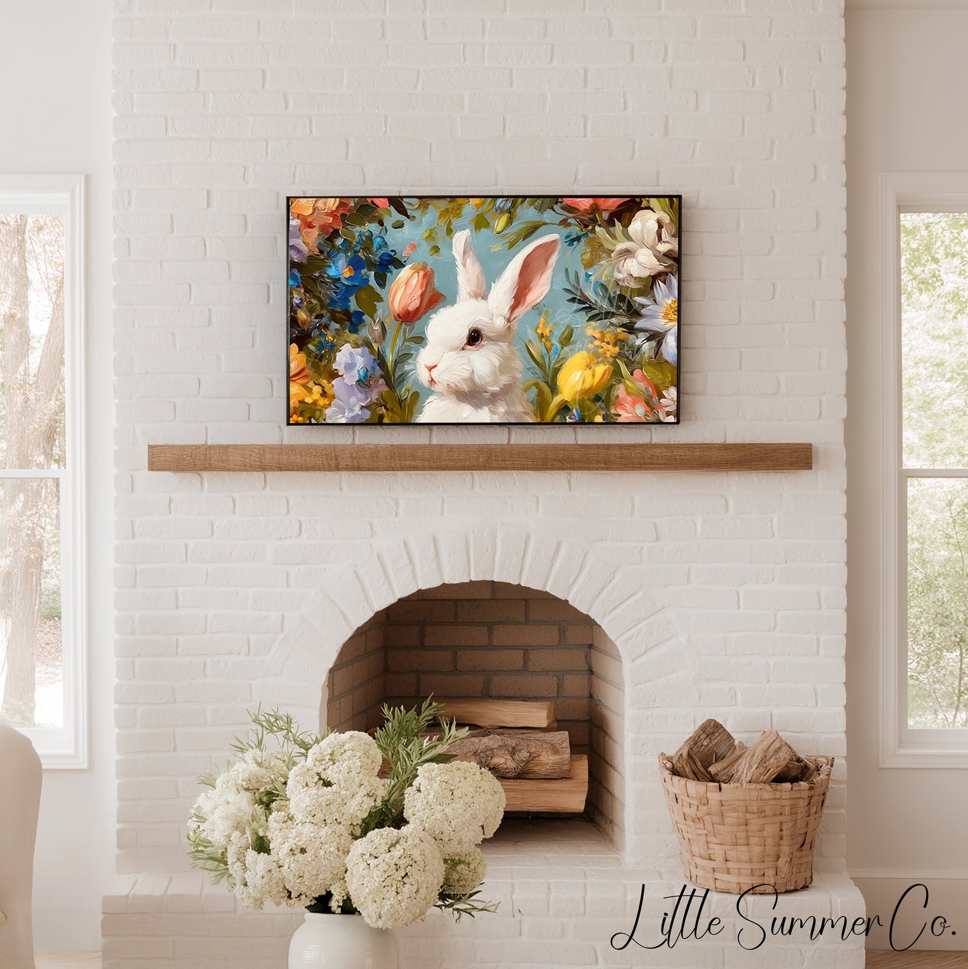 White Bunny Among Spring Flowers Frame TV Art displayed on a TV