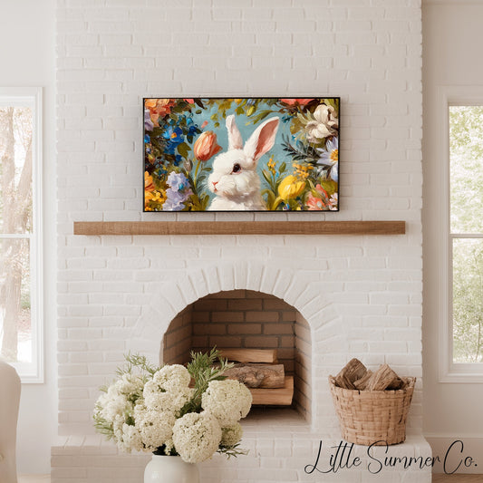 White Bunny Among Spring Flowers Frame TV Art displayed on a TV