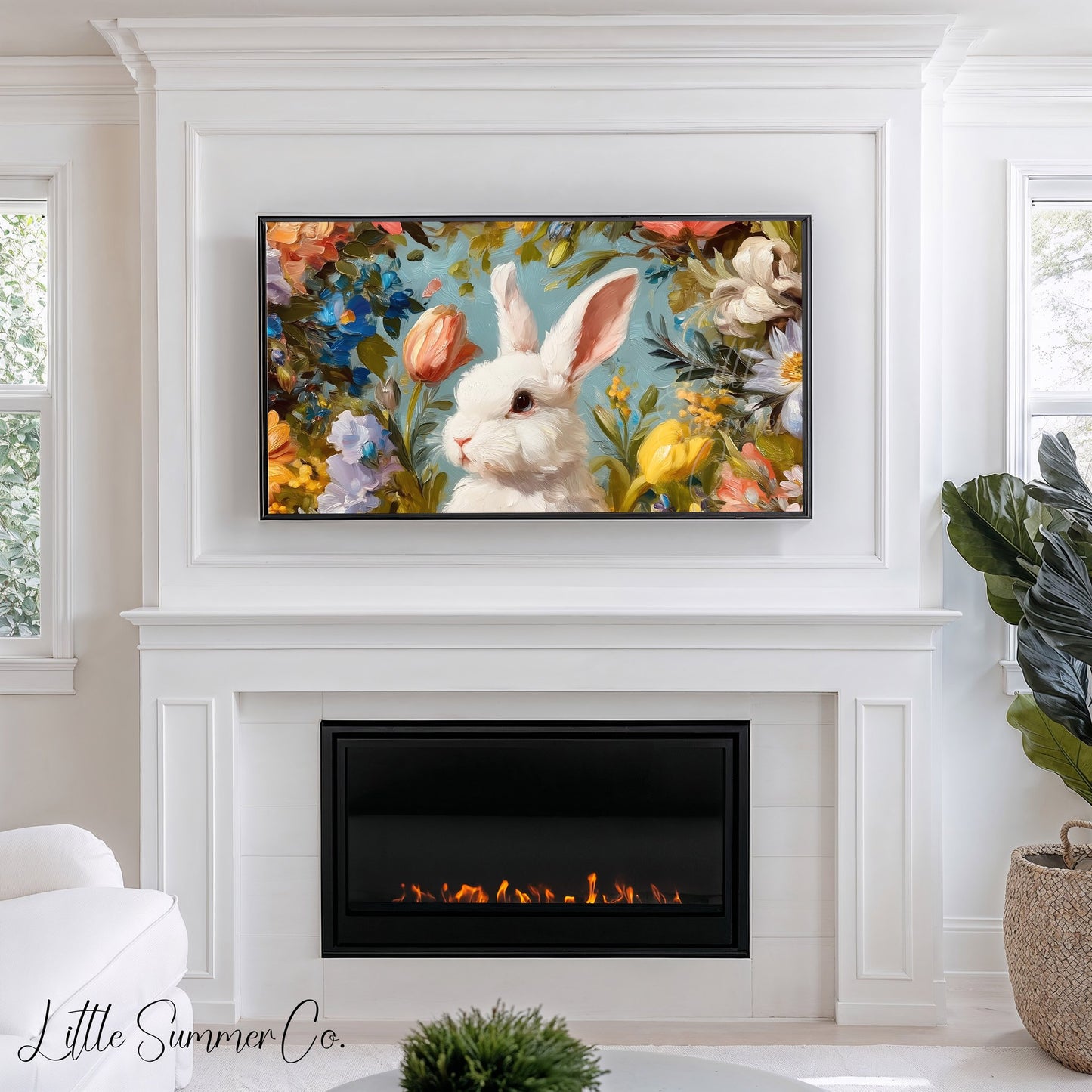 White Bunny Among Spring Flowers Frame TV Art displayed on a TV
