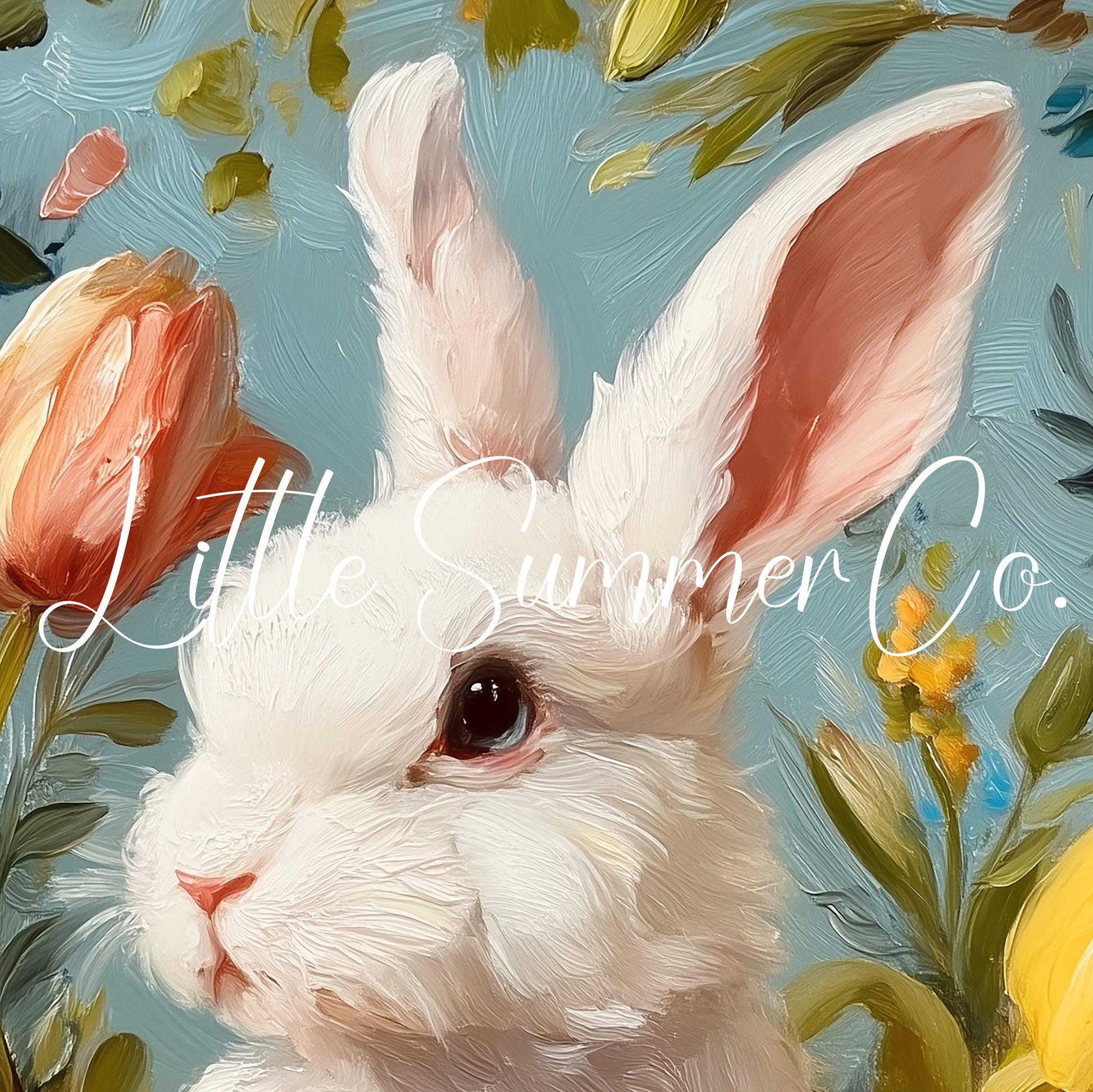 White Bunny Among Spring Flowers Frame TV Art displayed on a TV