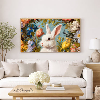 White Bunny Among Spring Flowers Frame TV Art displayed on a TV