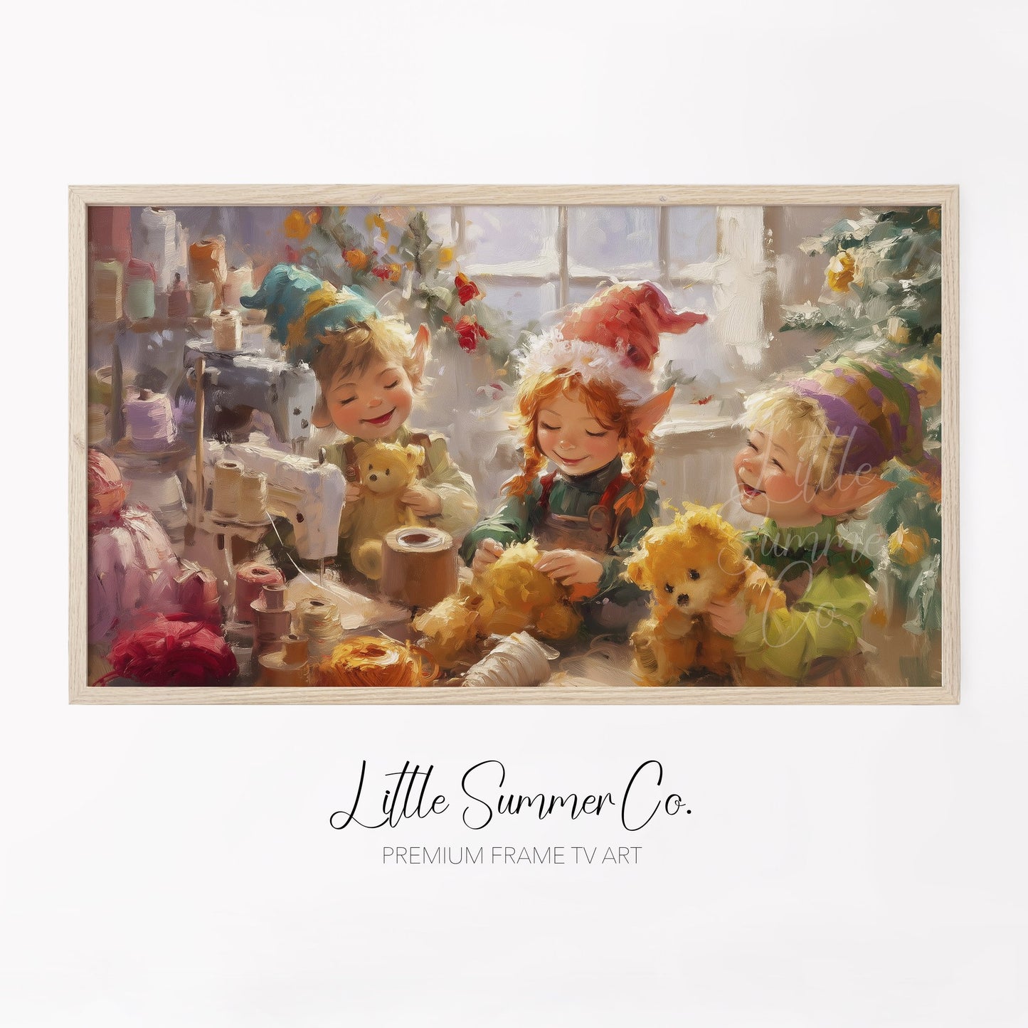 Christmas Elves Sewing Toys Frame TV Art displayed on a TV