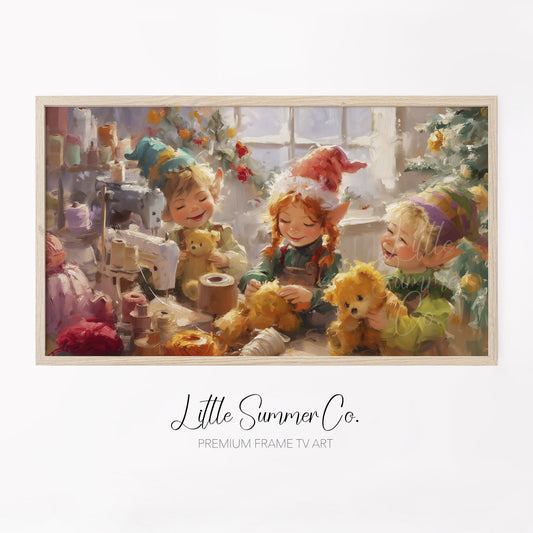 Christmas Elves Sewing Toys Frame TV Art displayed on a TV