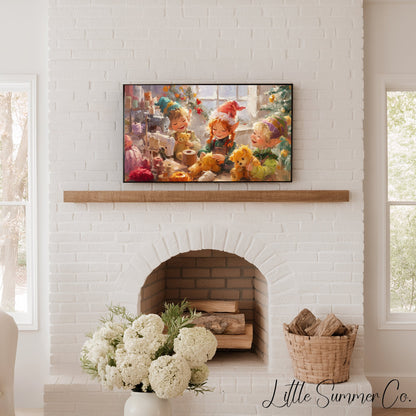 Christmas Elves Sewing Toys Frame TV Art displayed on a TV