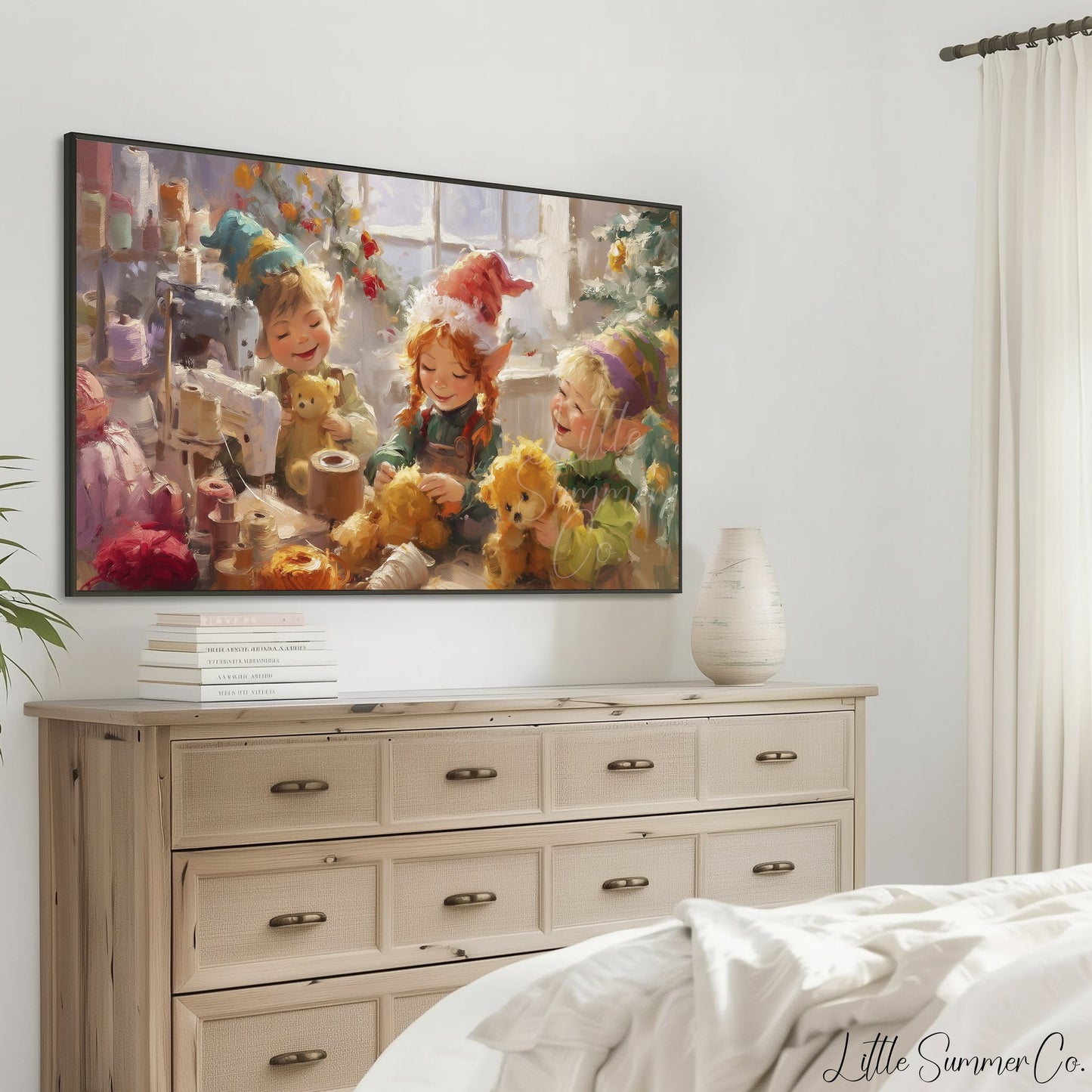 Christmas Elves Sewing Toys Frame TV Art displayed on a TV