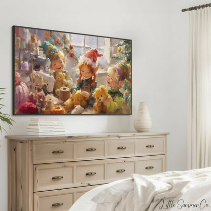 Christmas Elves Sewing Toys Frame TV Art displayed on a TV