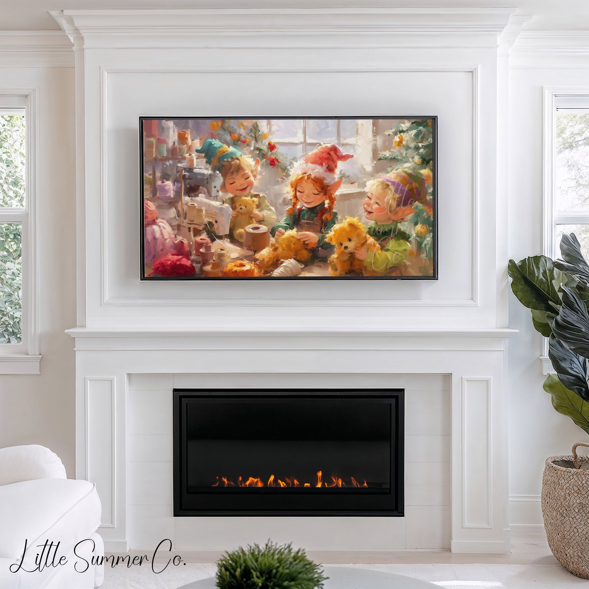 Christmas Elves Sewing Toys Frame TV Art displayed on a TV