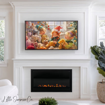 Christmas Elves Sewing Toys Frame TV Art displayed on a TV