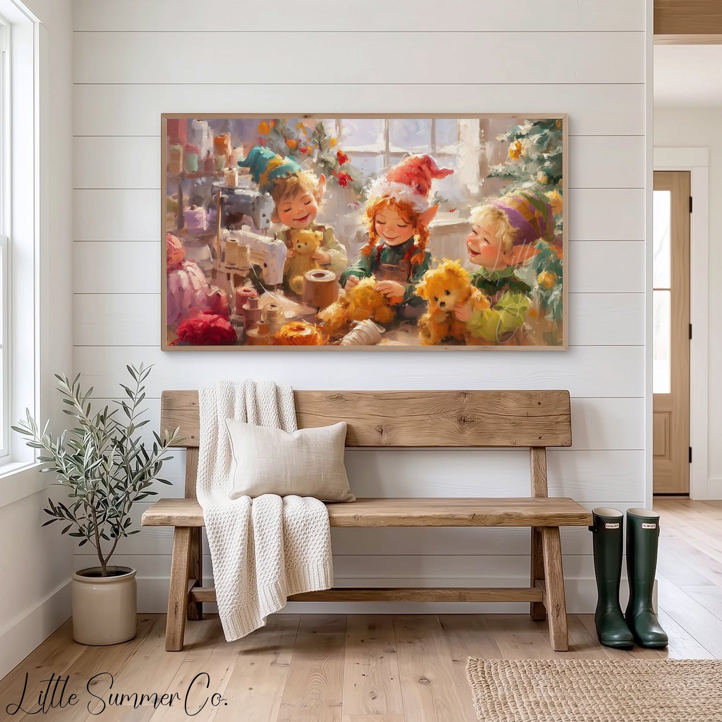 Christmas Elves Sewing Toys Frame TV Art displayed on a TV