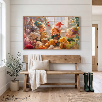 Christmas Elves Sewing Toys Frame TV Art displayed on a TV