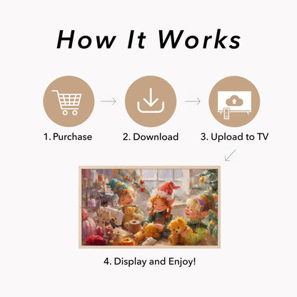 Christmas Elves Sewing Toys Frame TV Art displayed on a TV