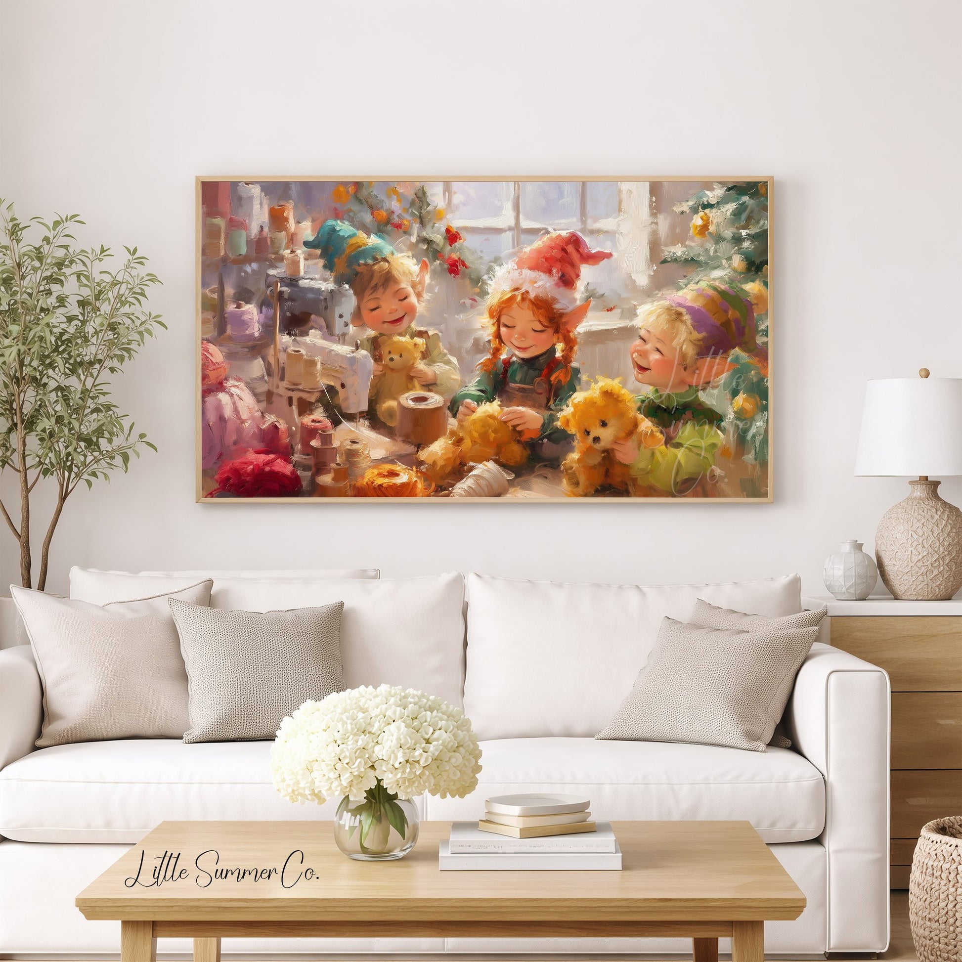 Christmas Elves Sewing Toys Frame TV Art displayed on a TV