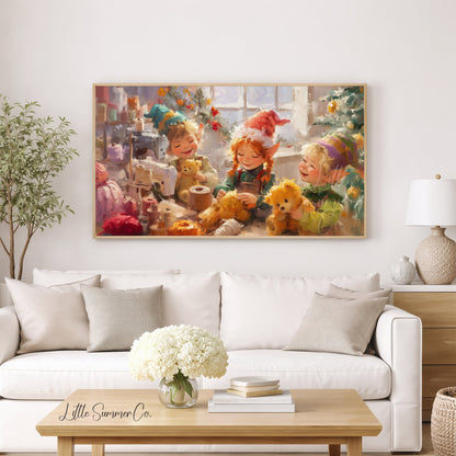 Christmas Elves Sewing Toys Frame TV Art displayed on a TV