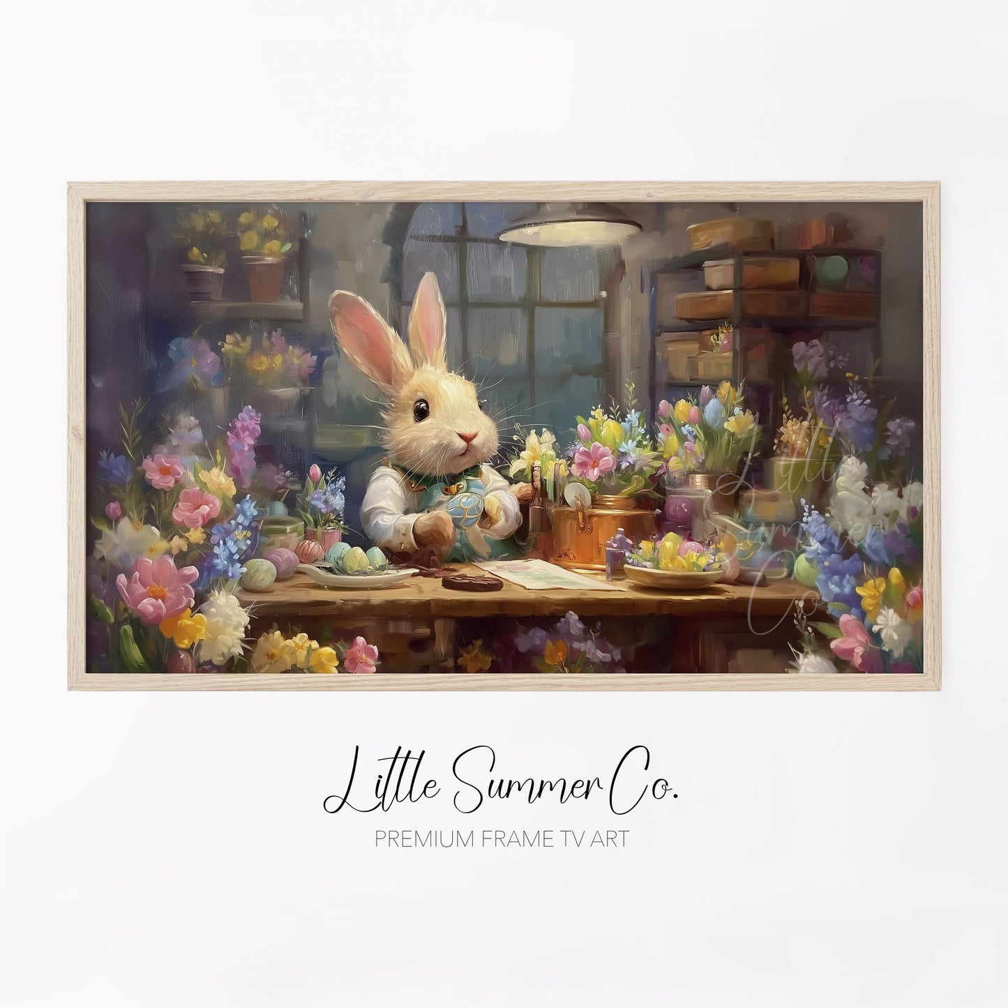 Easter Bunny Decorating Eggs Frame TV Art displayed on a TV