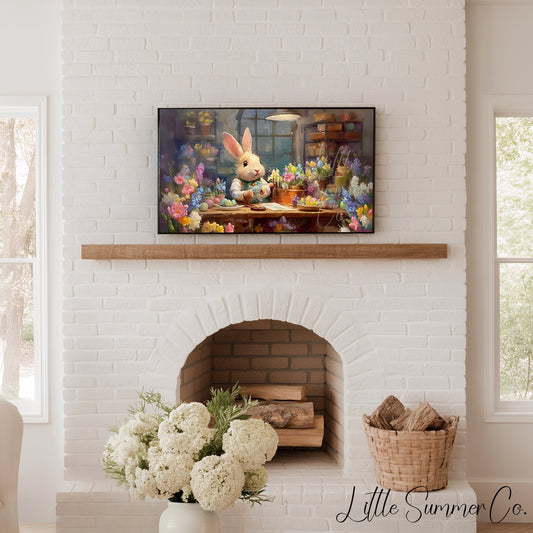 Easter Bunny Decorating Eggs Frame TV Art displayed on a TV