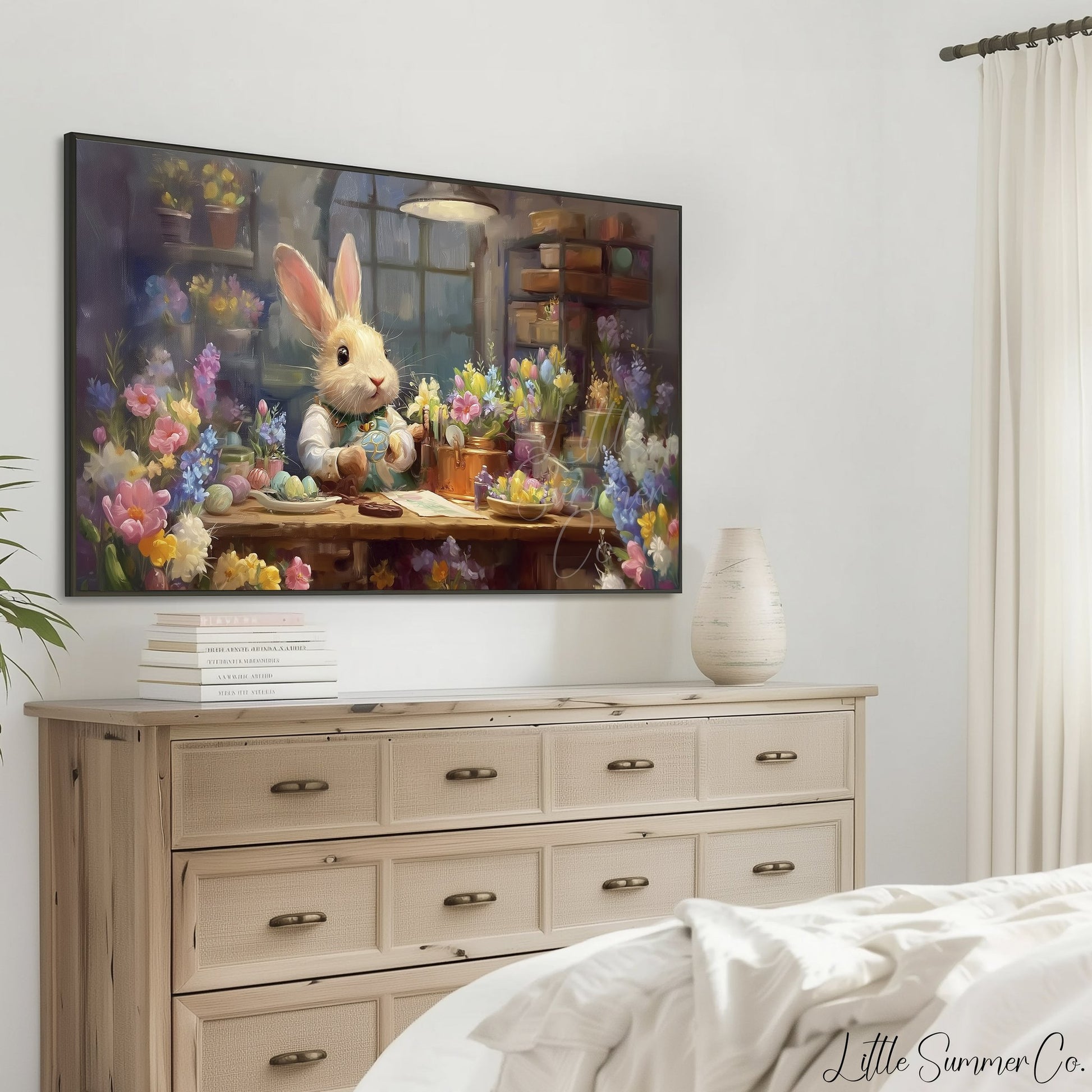 Easter Bunny Decorating Eggs Frame TV Art displayed on a TV
