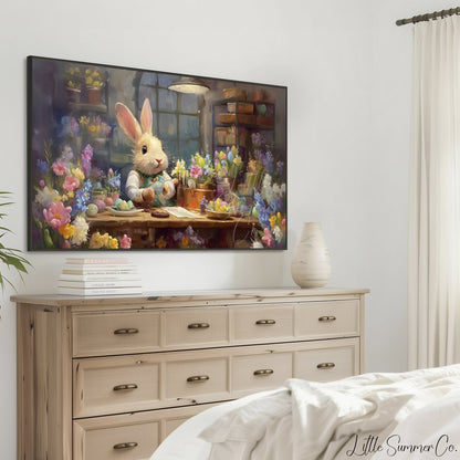 Easter Bunny Decorating Eggs Frame TV Art displayed on a TV