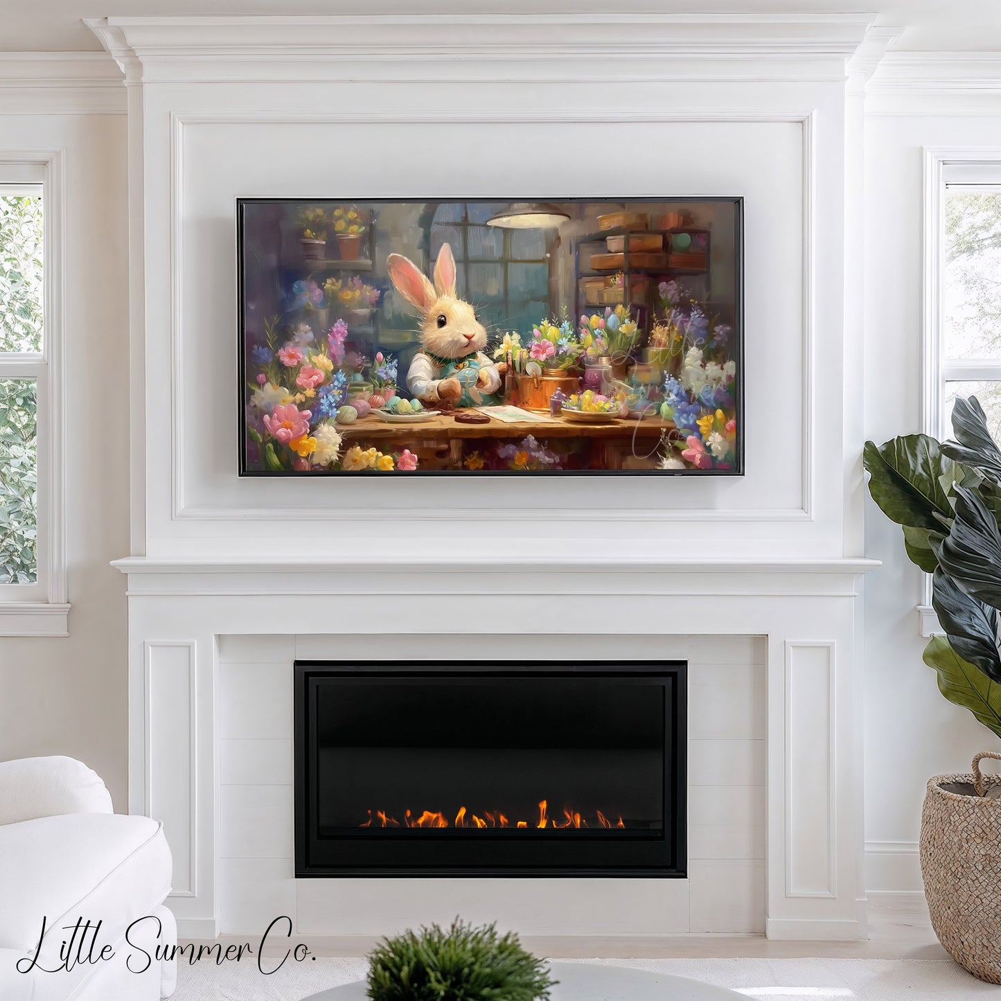 Easter Bunny Decorating Eggs Frame TV Art displayed on a TV
