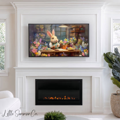 Easter Bunny Decorating Eggs Frame TV Art displayed on a TV