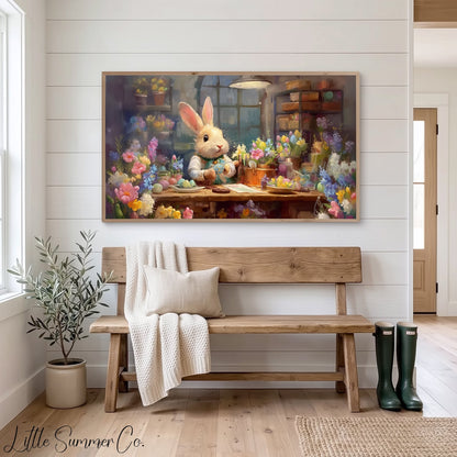 Easter Bunny Decorating Eggs Frame TV Art displayed on a TV