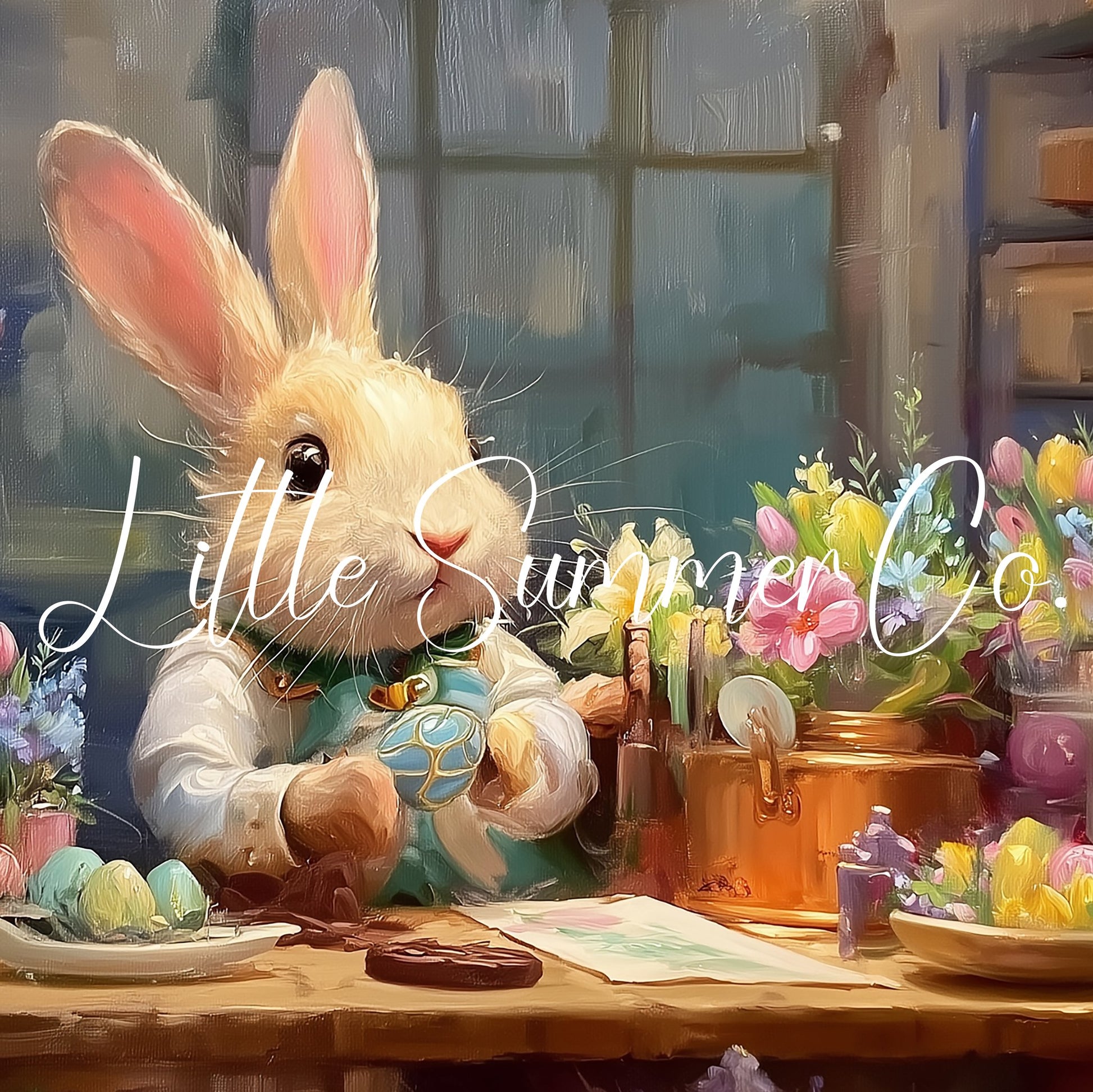 Easter Bunny Decorating Eggs Frame TV Art displayed on a TV