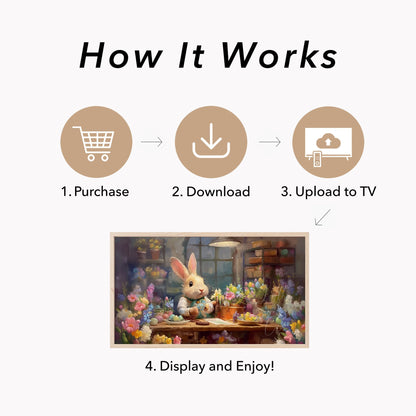 Easter Bunny Decorating Eggs Frame TV Art displayed on a TV